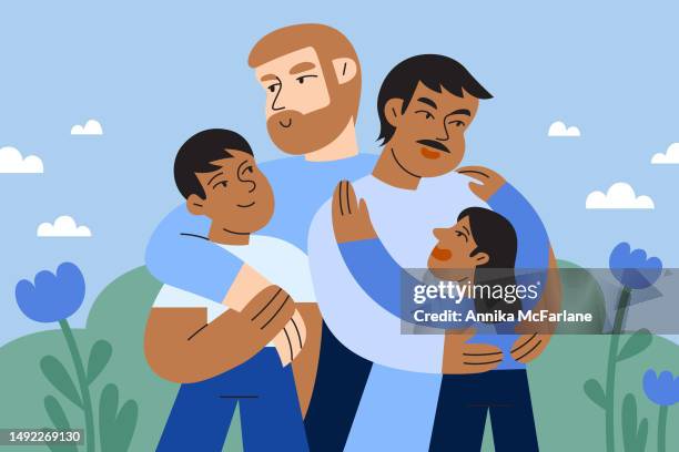 ilustrações de stock, clip art, desenhos animados e ícones de two gay multiracial dads hug their son and daughter together - masculinidade