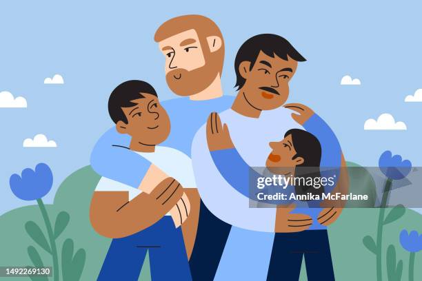 two gay multiracial dads hug their son and daughter together - emotional intelligence stock illustrations