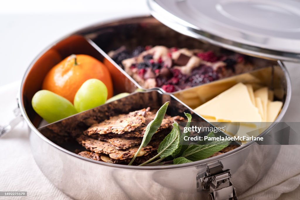 Packed Vegan Lunch in Re-Useable Container (Crackers, Cheese, Pancake, Fruit)