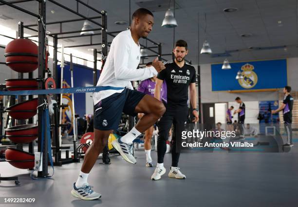 David Alaba of Real Madrid in training at Valdebebas training ground on May 22, 2023 in Madrid, Spain.