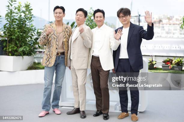 Ju Ji-hun, Kim Hee-won, Lee Sun-kyun and Director Kim Tae-gon attend the "Project Silence" photocall at the 76th annual Cannes film festival at...