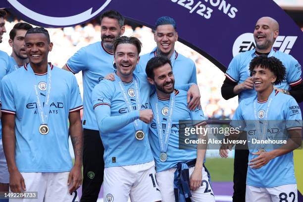 Jack Grealish and Bernardo Silva of Manchester City celebrate after the Premier League match between Manchester City and Chelsea FC at Etihad Stadium...