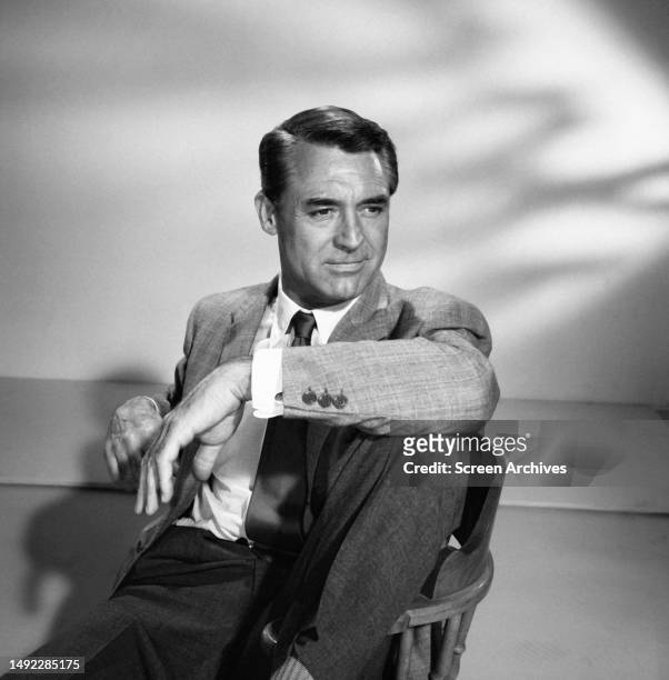 Cary Grant posing for publicity portrait for the 1959 Alfred Hitchcock thriller 'North by Northwest'.