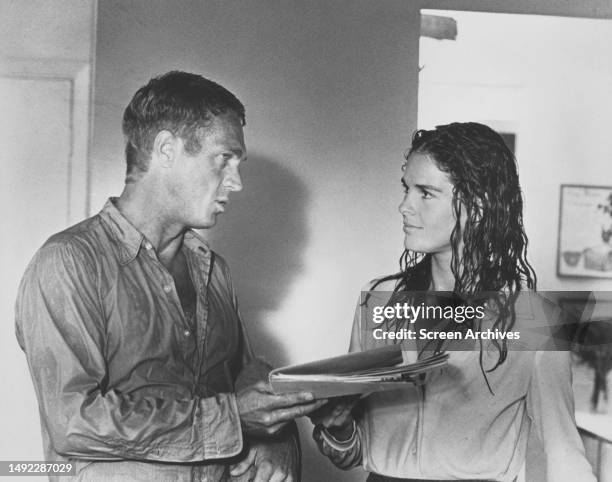 Ali MacGraw with wet hair with co-star Steve McQueen during filming the 1972 thriller 'The Getaway' ,directed by Sam Peckinpah.