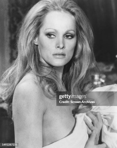 Ursula Andress bare-shouldered in a scene from the 1971 western 'Red Sun'.