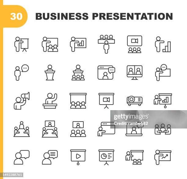 illustrations, cliparts, dessins animés et icônes de icônes de ligne de présentation d’entreprise. contour modifiable. contient des icônes telles que homme d’affaires, femme d’affaires, leadership, rapport, communication, réunion d’affaires, présentation, chat, vidéoconférence, succès, graphi - discours-liminaire