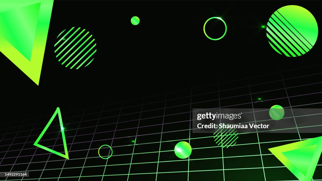Fondo moderno de ciencia ficción Paisaje retro futurista de los años 80 con colores púrpura azul verde neón y elemento de forma geométrica sobre fondo oscuro