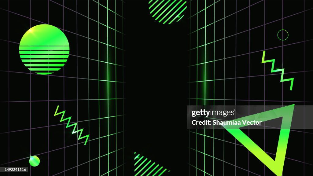Fondo moderno de ciencia ficción Paisaje retro futurista de los años 80 con colores púrpura azul verde neón y elemento de forma geométrica sobre fondo oscuro