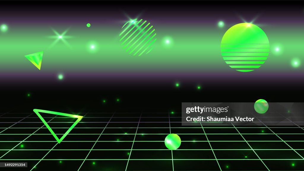 Modern Sci-Fi Background Futuristic retro landscape of the 80`s with neon green blue purple colours and geometric shape element on dark background