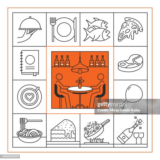 restaurant and food banner line icon set design - square pizza stock illustrations