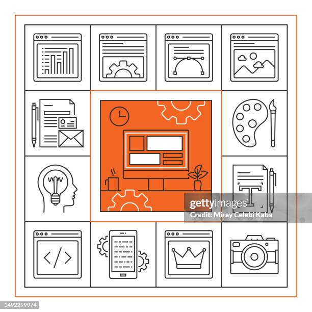 website banner line icon set design - engine wireframe stock illustrations