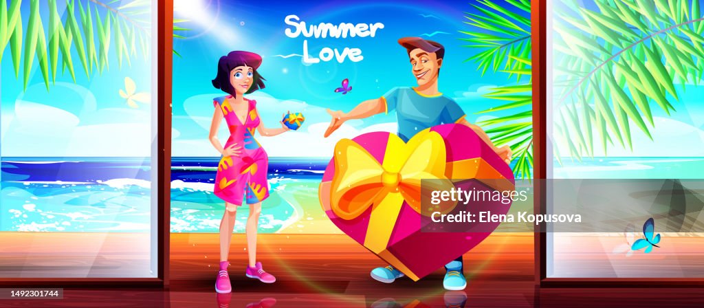 Summer holiday concept for lovers in cartoon style. A young guy and a girl on the veranda against the backdrop of a sea tropical landscape on a sunny summer day.