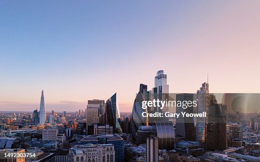 Elevated view over city of London skyline at sunset Elevated view over city of London skyline at sunset