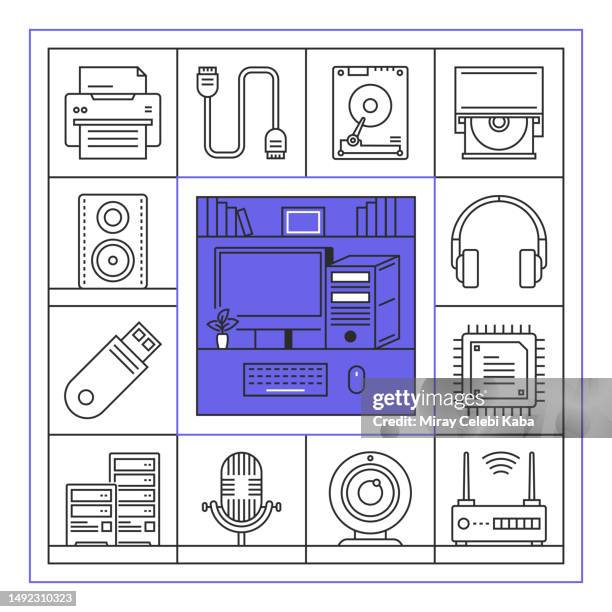 computer and devices banner line icon set design - unplug screen stock illustrations