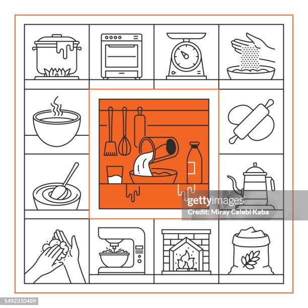 cooking banner line icon set design - kitchen fire stock illustrations