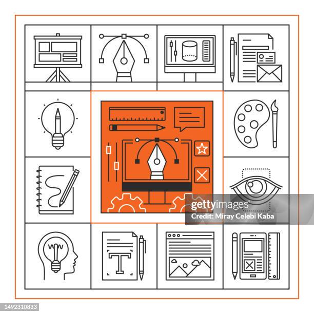 design thinking banner line icon set design - creation concept stock illustrations