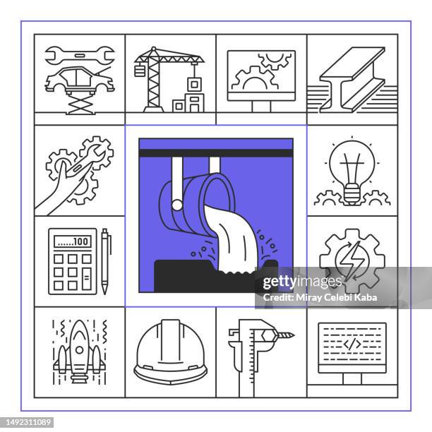 engineering banner line icon set design - engine blueprint stock illustrations