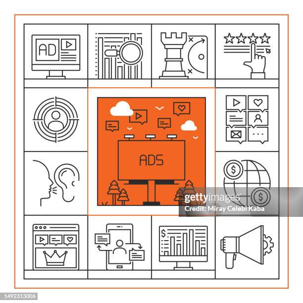 marketing banner line icon set design - software subscription stock illustrations