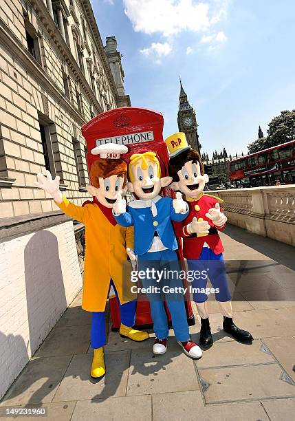 Snap, Crackle and Pop pose infront of Big Ben as part of Kellogg's From Great Starts Come Great Things campaign on July 25, 2012 in London, England.