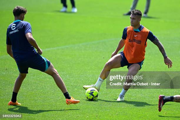 Lautaro Martinez of FC Internazionale in action during the FC Internazionale training session at the club's training ground Suning Training Center at...