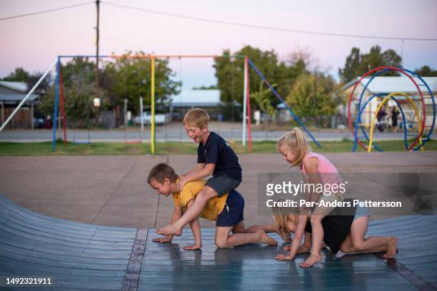Children play at a playground in Klangelyk area on April 30 in Orania, South Africa. Orania was established in 1991 after the purchase of private...