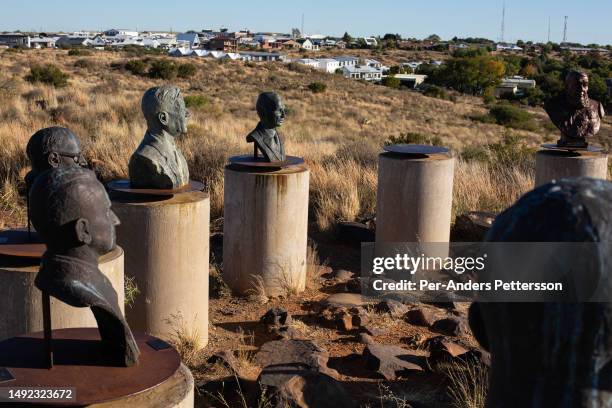 Statues of historic apartheid heroes such as Paul Kruger, D.F Malan, Hendrik Verwoerd, sits on a hilltop as the sun sets on April 26 in Orania, South...