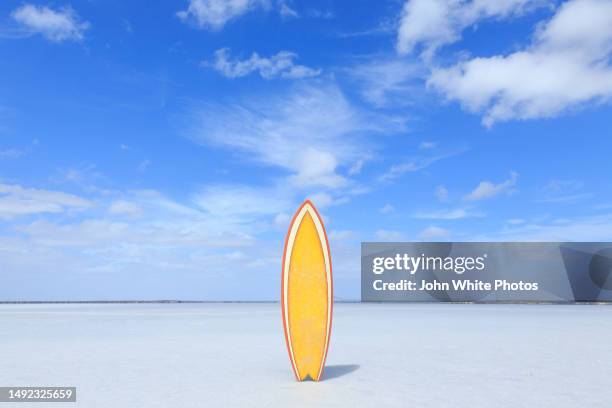 retro yellow surfboard on a empty salt lake. blue sky with copy space. south australia. - surfbrett stock-fotos und bilder