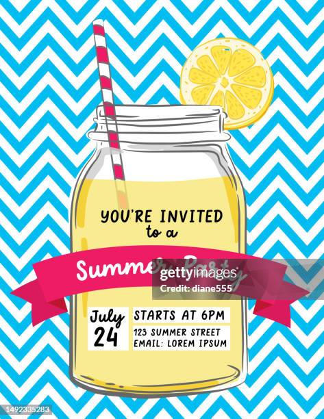 ilustraciones, imágenes clip art, dibujos animados e iconos de stock de plantilla de invitación a fiesta de verano con limonada - frasco para conservas