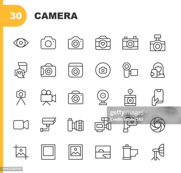 bildbanksillustrationer, clip art samt tecknat material och ikoner med camera line icons. editable stroke, contains such icons as camera, digital, influencer,, movie, photo, photography, picture, security camera, social media, television, video, video call, video conference, vintage, webcam. - camera