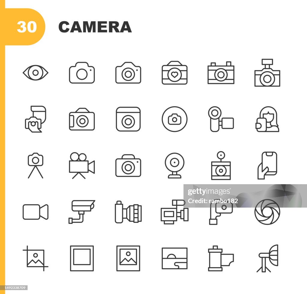 Camera Line Icons. Editable Stroke, Contains such icons as Camera, Digital, Influencer,, Movie, Photo, Photography, Picture, Security Camera, Social Media, Television, Video, Video Call, Video Conference, Vintage, Webcam.
