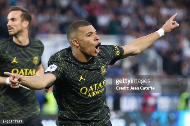 Kylian Mbappe of PSG celebrates his second goal during the Ligue 1 Uber Eats match between AJ Auxerre and Paris Saint-Germain at Stade de l'Abbe...