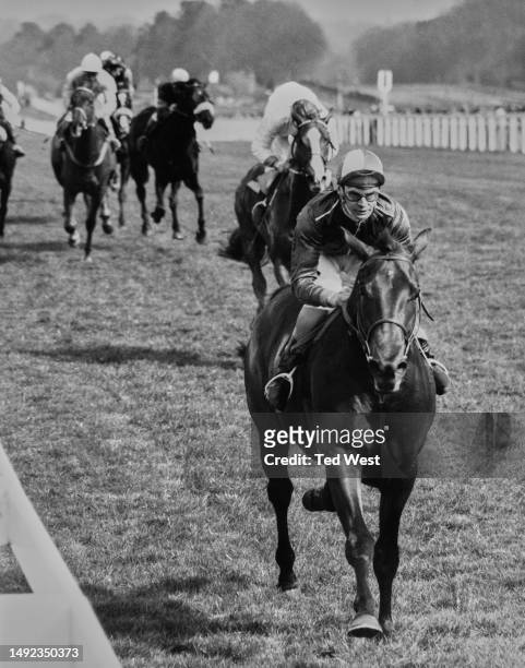 Moorland ridden by jockey Jimmy Lindley winning the Ascot Portcullis Stakes on 1st April 1967 at the Ascot Racecourse in Ascot, Berkshire, England. .