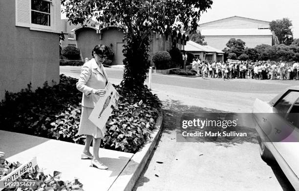 Costume Designer Edith Head leaves her Universal Studios bungalow to greed fans on the Universal Studios Tour in Universal City, CA 1975.