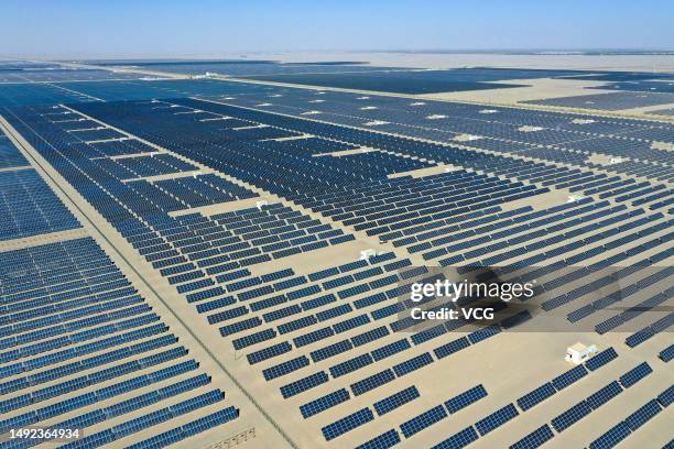 Aerial view of solar panels at Gansu Dunhuang Solar Park on April 28, 2023 in Dunhuang, Jiuquan City, Gansu Province of China.