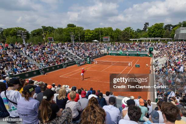 General view of Filip Misolic of Austria in action against Enzo Couacaud of France on Court Fourteen during qualification round one at the 2023...