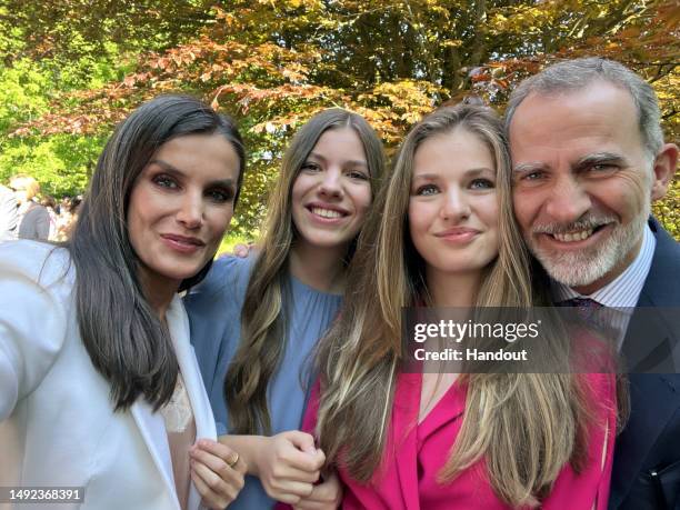 In this handout image provided by the Spanish Royal Household, King Felipe VI of Spain , Queen Letizia of Spain , Crown Princess Leonor of Spain and...