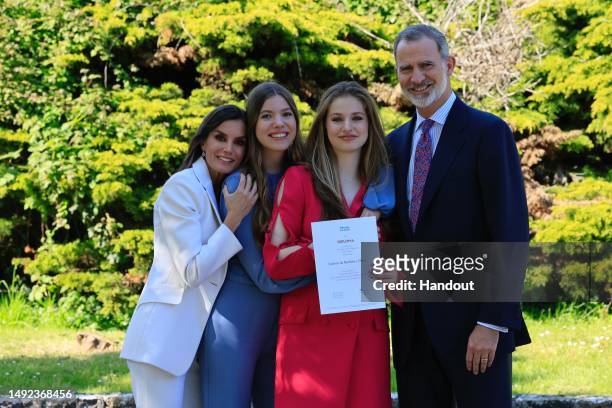 In this handout image provided by the Spanish Royal Household, King Felipe VI of Spain , Queen Letizia of Spain , Crown Princess Leonor of Spain and...
