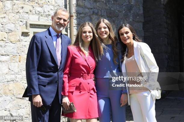 In this handout image provided by the Spanish Royal Household, King Felipe VI of Spain , Queen Letizia of Spain , Crown Princess Leonor of Spain and...