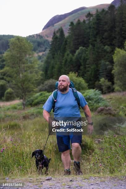 man hiking with his dog - middle age man and walking the dog stock pictures, royalty-free photos & images