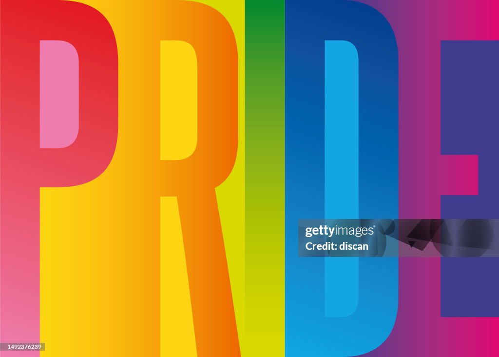 Tarjeta de felicitación Pride con tipografía geométrica.