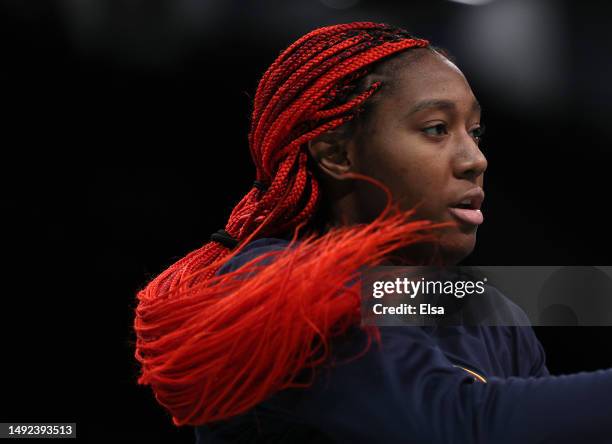 Aliyah Boston of the Indiana Fever warms up before the game against the New York Liberty at Barclays Center on May 21, 2023 in the Brooklyn borough...