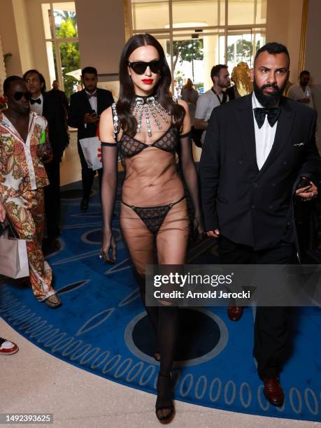 Irina Shayk is seen at the Hotel Martinez during the 76th Cannes film festival on May 22, 2023 in Cannes, France.