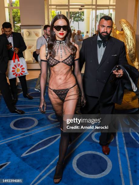 Irina Shayk is seen at the Hotel Martinez during the 76th Cannes film festival on May 22, 2023 in Cannes, France.