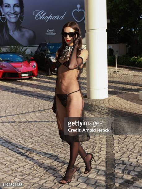 Irina Shayk is seen at the Hotel Martinez during the 76th Cannes film festival on May 22, 2023 in Cannes, France.