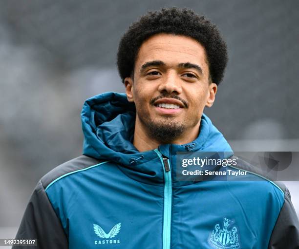 Jamal Lewis of Newcastle United arrives for the Premier League match between Newcastle United and Leicester City at St. James Park on May 22, 2023 in...