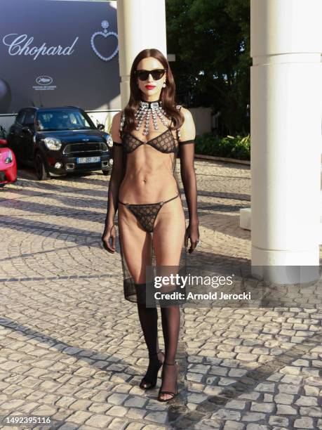 Irina Shayk is seen at the Hotel Martinez during the 76th Cannes film festival on May 22, 2023 in Cannes, France.