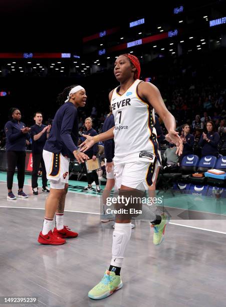 Aliyah Boston of the Indiana Fever is greeted by teammates during player introductions before the game against the New York Liberty at Barclays...