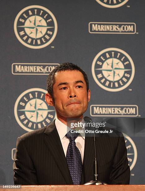 Ichiro Suzuki of the New York Yankees addresses the media at a press conference after being traded to the Yankees from the Seattle Mariners at Safeco...