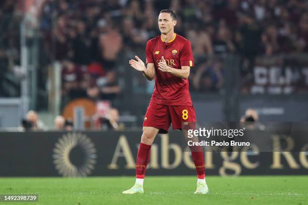 Nemanja Matic of AS Roma celebrates after scoring the team's second goal during the Serie A match between AS Roma and Salernitana at Stadio Olimpico...
