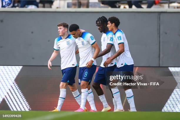 Dane Scarlett of England celebrates after scoring the team's first goal during the FIFA U-20 World Cup Argentina 2023 Group E match between England...